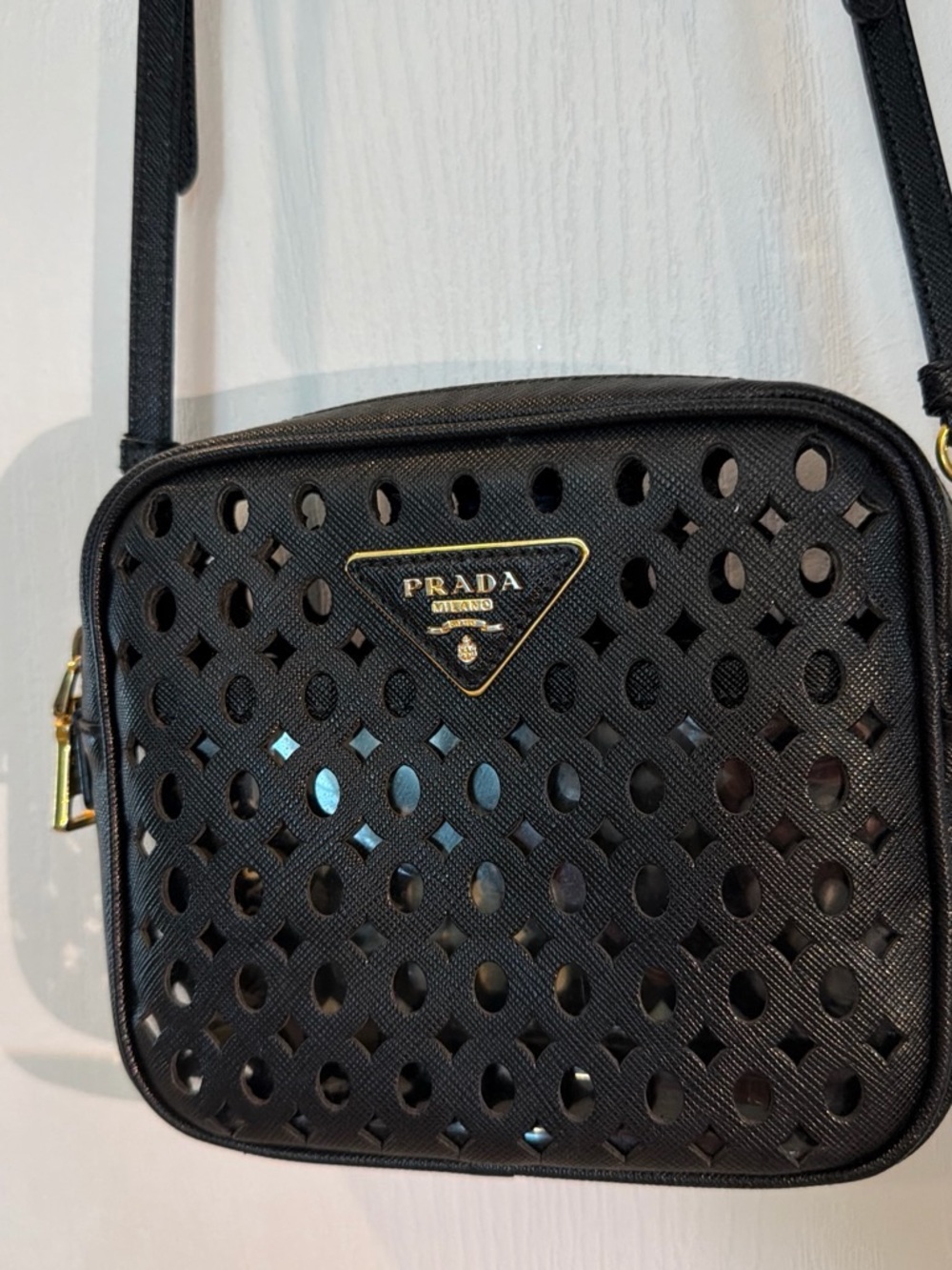Prada Saffiano Mini Black Perforated Leather Crossbody Bag